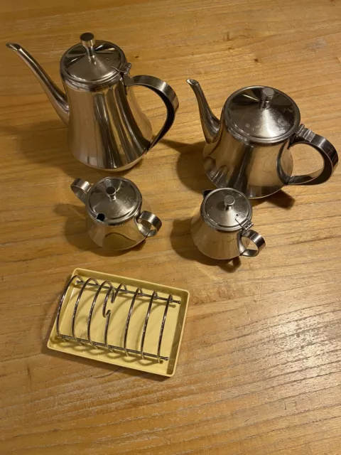 Stainless Steel Tea Set. Coffee Pot, Tea Pot, Milk Jug, Sugar Bowl & Toast Rack.