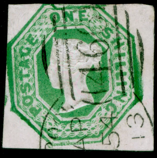 GB QV SG56, SCARCE 1s deep green CUT SQUARE, USED. Cat £1200. CDS