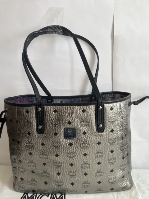 MCM Reversible Shopper Medium Silver Bag $565