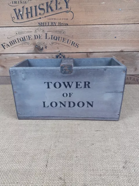 Rustic vintage style Grey wooden Tower Of London Crate Box with Handle.