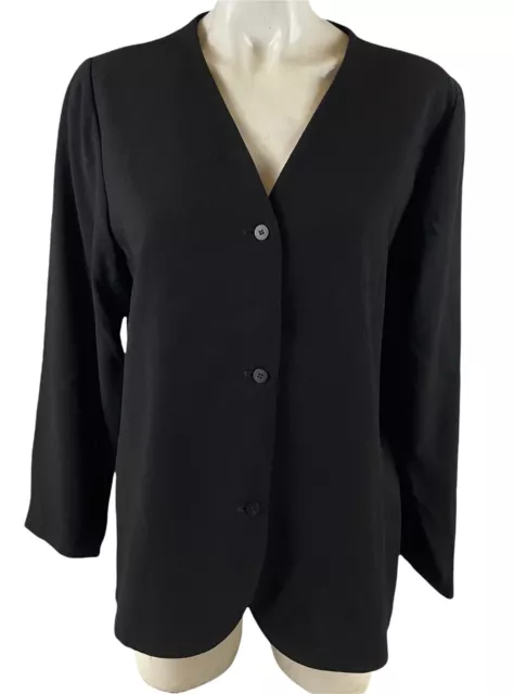 Eileen Fisher Top Silk Career Blouse Button Up V Neck Black D87