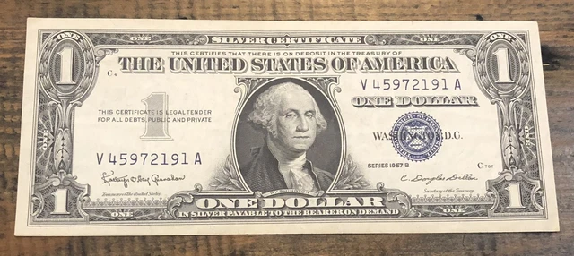 One Dollar Bill Silver Certificate Blue Seal Series 1957B Uncirculated