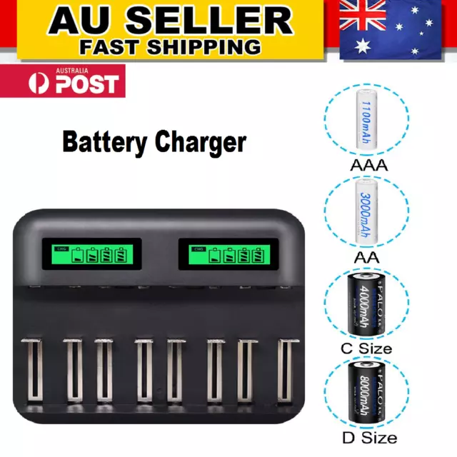 8 Slots Usb Smart Fast Battery Charger LED Display C,D,AA,AAA Size Rechargeable