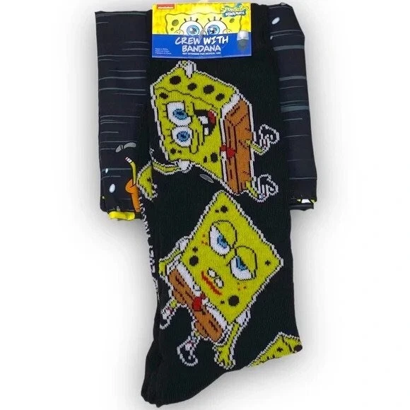 Spongebob Squarepants Mens Crew Sock & Bandana Combo New Spongebob Squarepants Mens Crew Sock & Bandana Combo New