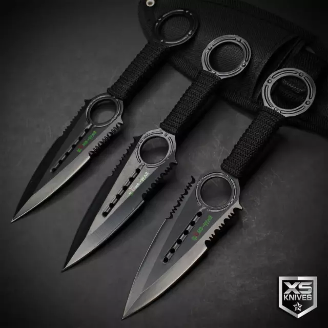 3pc Tactical Black THROWING KNIVES Ninja Kunai Throwers 7.5" Stainless + Sheath