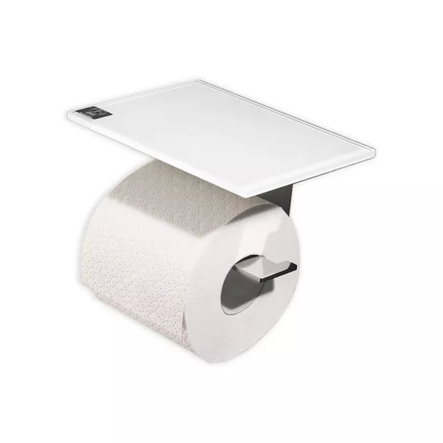 Toilettenpapierhalter aus Edelstahl mit Abstellfläche aus Glas weiß (1)