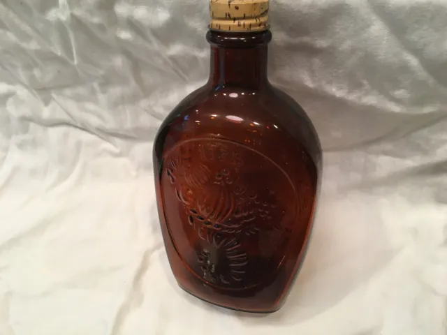 Log Cabin Bicentennial syrup bottle 'Cornucopia' design, Amber glass, vintage