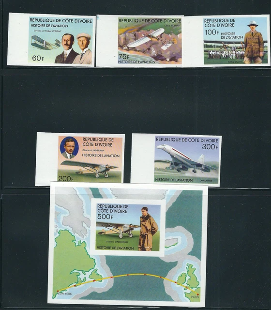 Elfenbeinküste 1977 Luftfahrt Lindbergh Ross-Smith Concorde Imperf Set / Blatt
