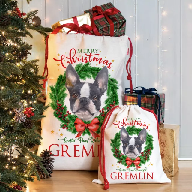 Boston Terrier Christmas Sack Personalised Dog Xmas Santa Bag Puppy Gift DWS10