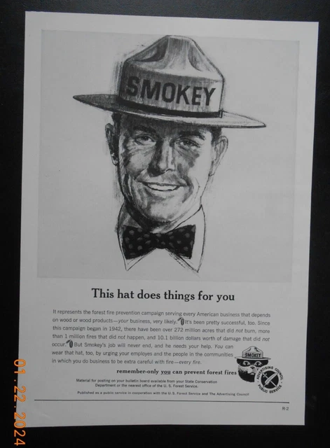 1964 SMOKEY THE Bear Prevent Forest Fire print AD Park Ranger ...