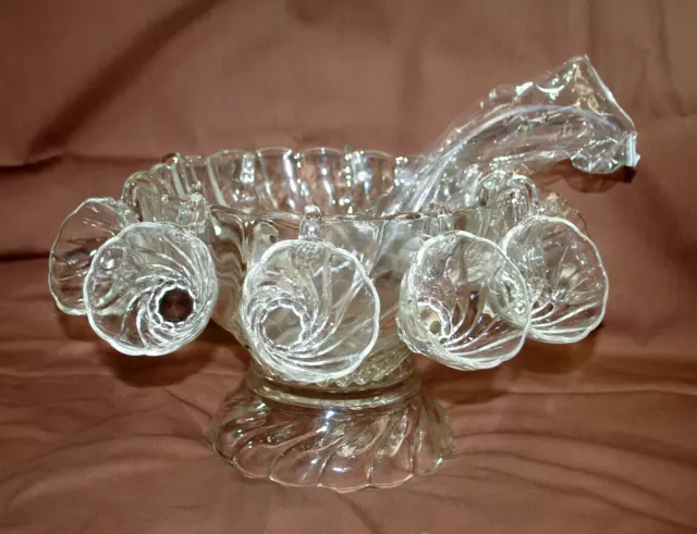 Hazel-Atlas Colonial Swirl Shell Crystal Punch Bowl,Stand, 11 Cups, Ladle  T1337