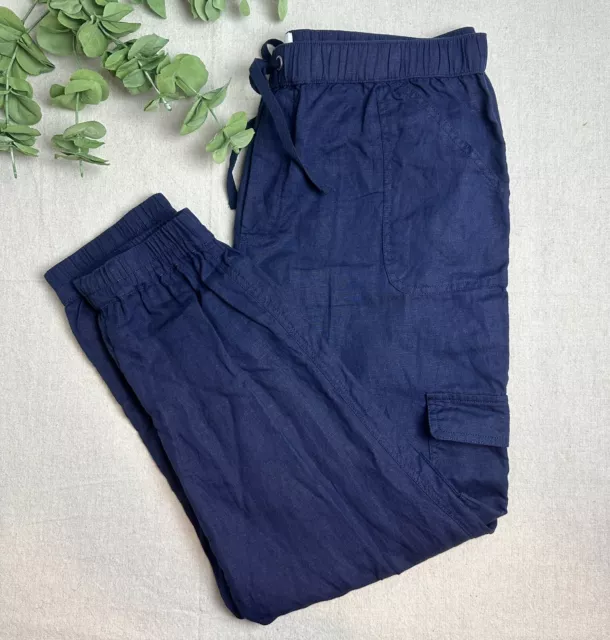 Nicole Miller Women's Size XL 100% Linen Pants Jogger Cargo Pull On Navy Blue