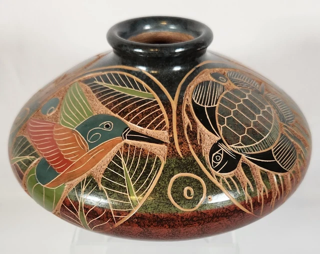 FRANK CALERO SIGNED ART POTTERY VASE Hummingbird Turtle Toucan Son of Francisco