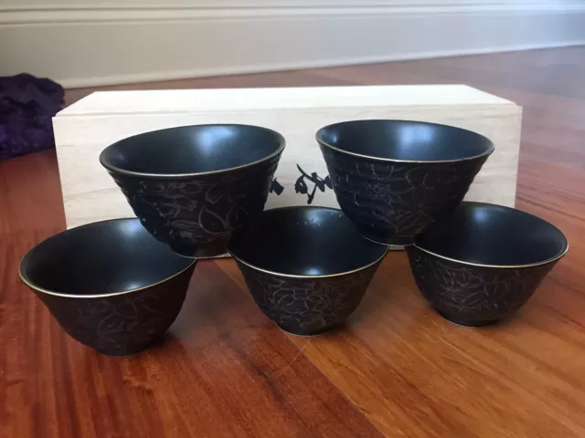 Japanese Mino Yaki Tea Cup Porcelain Daily Potters Mark Kousen Kama Set of 5