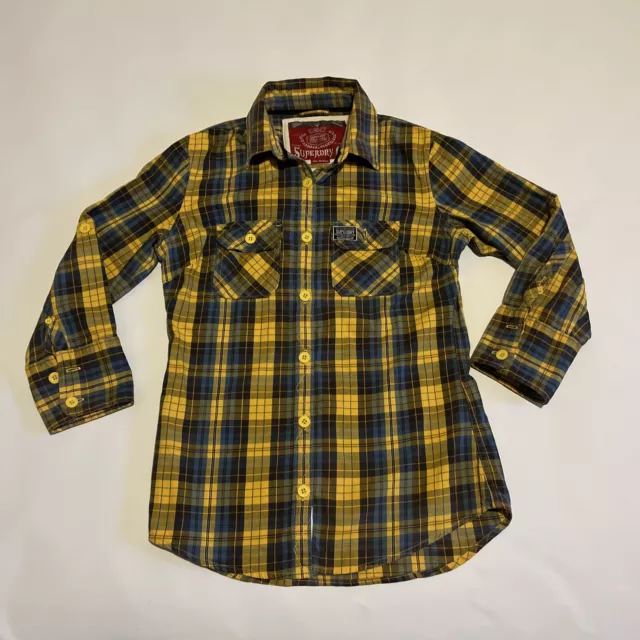 SUPERDRY 3/4 Sleeve Button Up Shirt. Yellow Blue Plaid. Size M. Free Shipping.