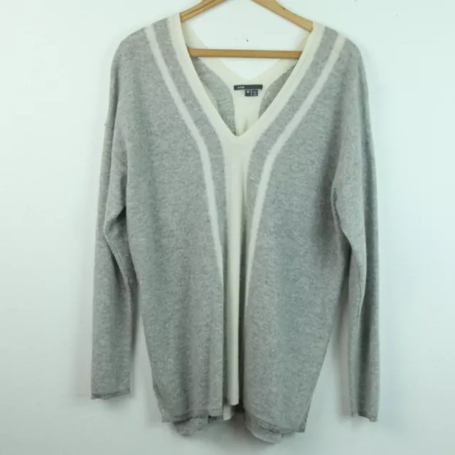 Vince 100% Cashmere Grey Cream Stripe V Neck Sweater Oversize Long Sleeve M