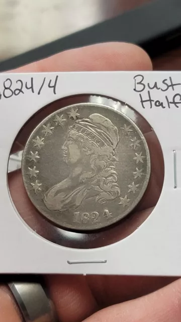 1824 Over 4 ? - CAPPED BUST HALF DOLLAR.  VF/CONDITION. DARK TONING ( RAW536 )