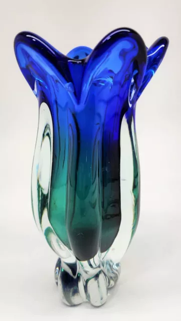 Vintage Art Glass Royal Gallery Crystal ? Vase Poland Hand Blown Blue Green 1245