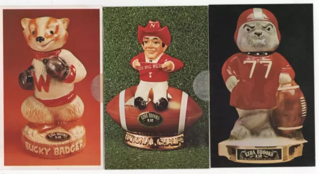 3 EZRA BROOKS WHISKEY BOTTLES, COLLEGE FOOTBALL MASCOTS, Postcards, Lot