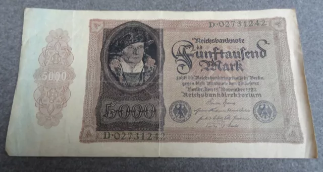 Reichsbanknote 5000 Mark November 1922  D 02731242 RAR