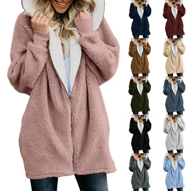 Ladies Hooded Teddy Bear Zip Up Winter Coat Fleece Jacket Outwear Tops Plus Size