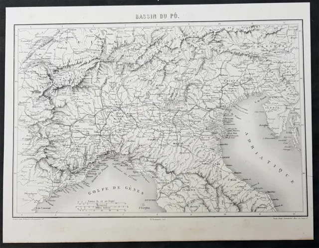 1835 Thiers Original Antique Map of Northern Italy, Istra, Alps Florence to Alps