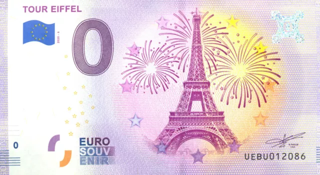 75007 Tour Eiffel 6, Feu d'artifice, 2020, Billet Euro Souvenir