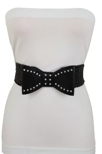 Femme Bling Nœud Papillon Ruban Boucle Tressé Ceinture Noir Élastique Fancy S M