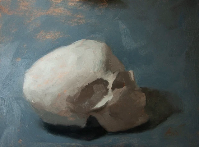 Pittura a olio originale, teschio con blu, pittura impressionista Still life 16"