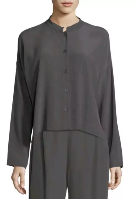 Eileen Fisher Long Sleeve Mandarin-Collar Crinkle Crepe Box Top Tencel Lyocel M