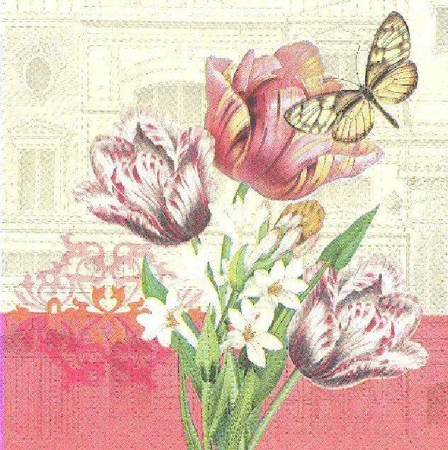 Lot de 3 Serviettes en papier Cocktail Tulipes Papillon Decoupage Collage