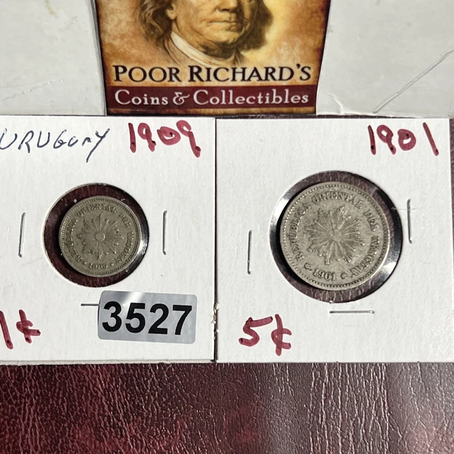 Uruguay 2 Hundred + Year Coins. 1909 1c & 1901 5C. High Grade Coins. F1273