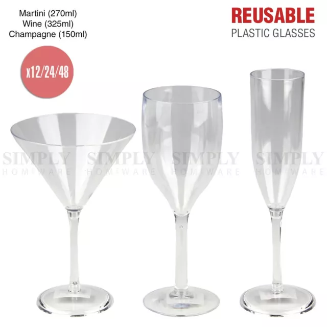 12-48x Plastic Wine Glasses Champagne Martini Drinking Glass Bulk Clear Reusable