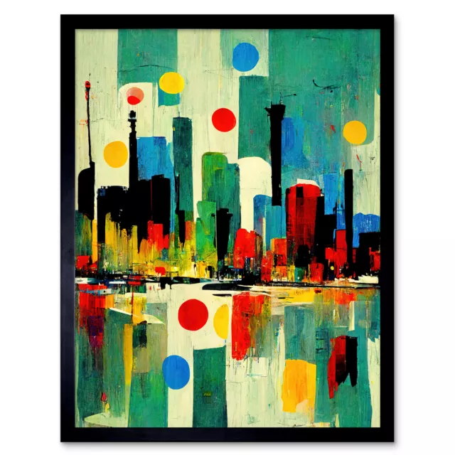 Colourful Cityscape Skyline Paint Abstract Framed Wall Art Picture Print 12x16