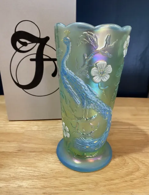 Vintage Fenton Glass Peacock Vase Teal Blue Carnival Iridescent NWT In box!