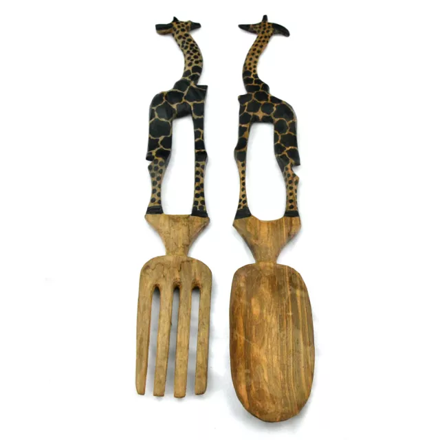 13" Handmade African Wooden Giraffe Salad Server Wood Spoon and Fork Set Hand