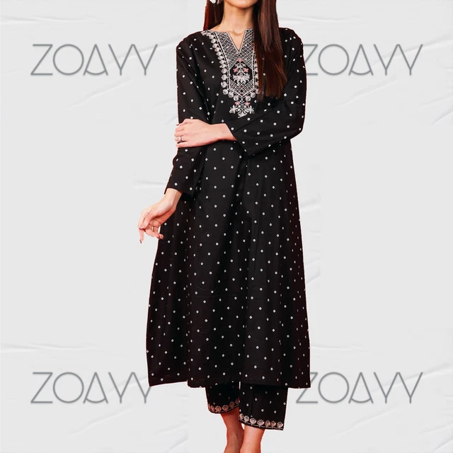 Zoayy Readymade Summer Cotton Embroidered & Screen Printed Kurta/Trouser Black