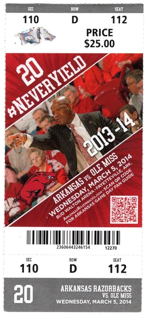 Arkansas Razorbacks SEC Basketball Ticket Stub Ole Miss Game Bud Walton 3/5/2014