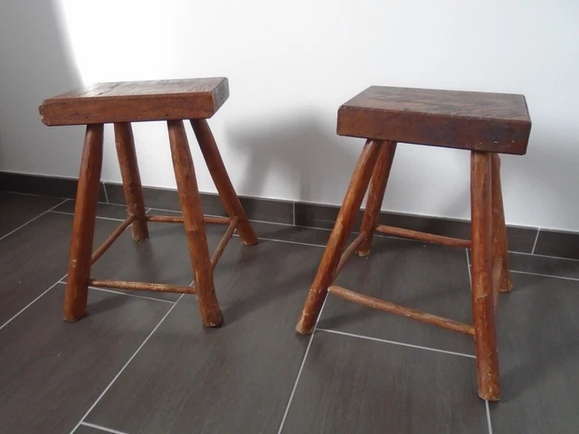 Ancien Tabouret De Ferme En Bois Blanchi - Vintage - Porte Plante Ou Tabouret De Traite