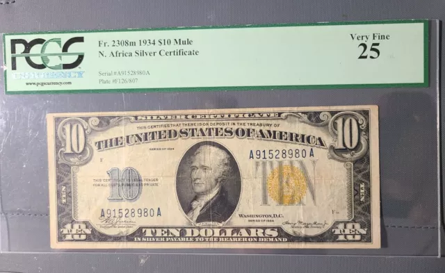 Fr.2408m 1934 $10 Mule North Africa Silver Certificate PCGS 25 RARE