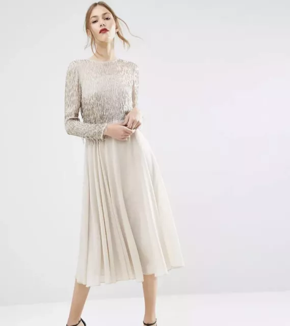Asos Women’s Embellished Tassel Long Sleeve Midi Dress Size 14
