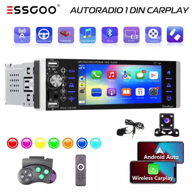 Touchscreen Single 1Din Autoradio 5" USB FM TF Mirror Link MP5 7Farben + Kam MIK