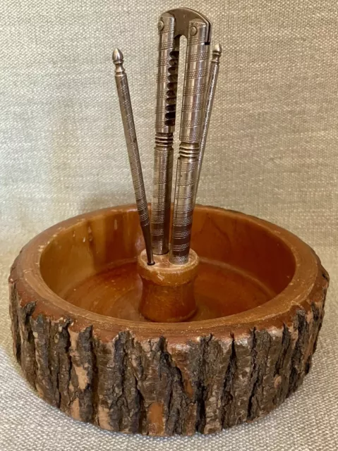 MCM Raw Edge Wooden White Ash Tree Nutcracker Bowl w/  Metal Pit Pick Set