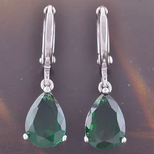 New White Gold Filled Emerald Green CZ Pear Shaped Tear Drop Dangle Earrings