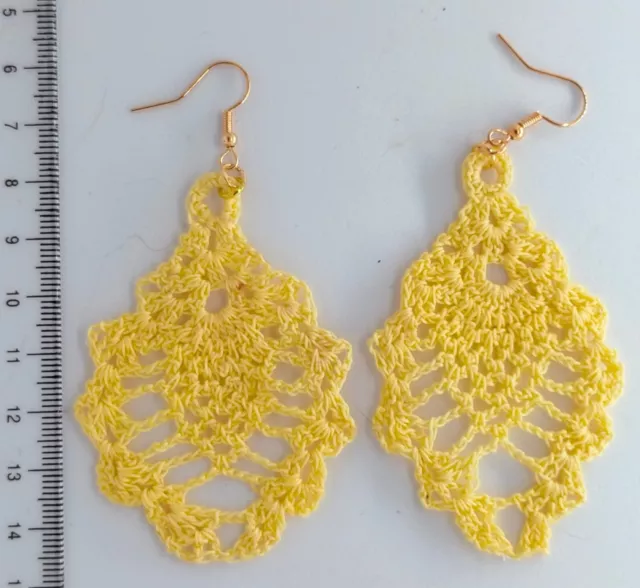 Hand Made Crocheted Earrings  Unique yellow Cotton Crafted Vintage Style.