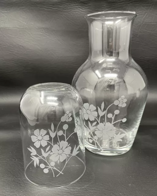 Etched Glass Bedside Table Carafe & Tumbler Cup Set Floral Design