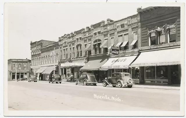 Real Photo Mayville Michigan Downtown Main Street Scene Cars Postcard Copy