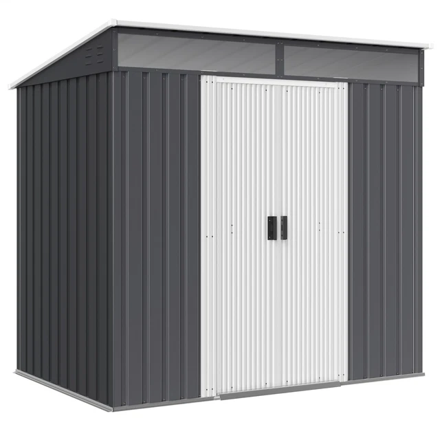 Capanno Da Giardino In Legno Outsunny - 91x69x192cm, 2 Finestre, Ripiani Regolabili, Tetto Spiovente, Grigio Chiaro