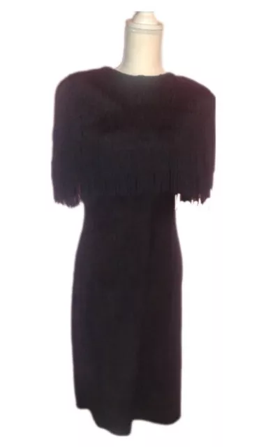 Vtg 80s Black Suede Fringe Dress/Midi/Bodycon/Designer Pia Rucci 40s style Sz 12