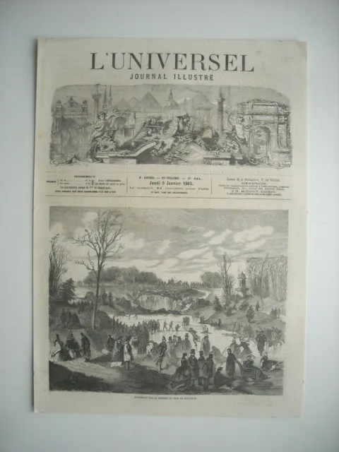 Gravure 1865. Patineurs Sur La Riviere Du Bois De Boulogne.